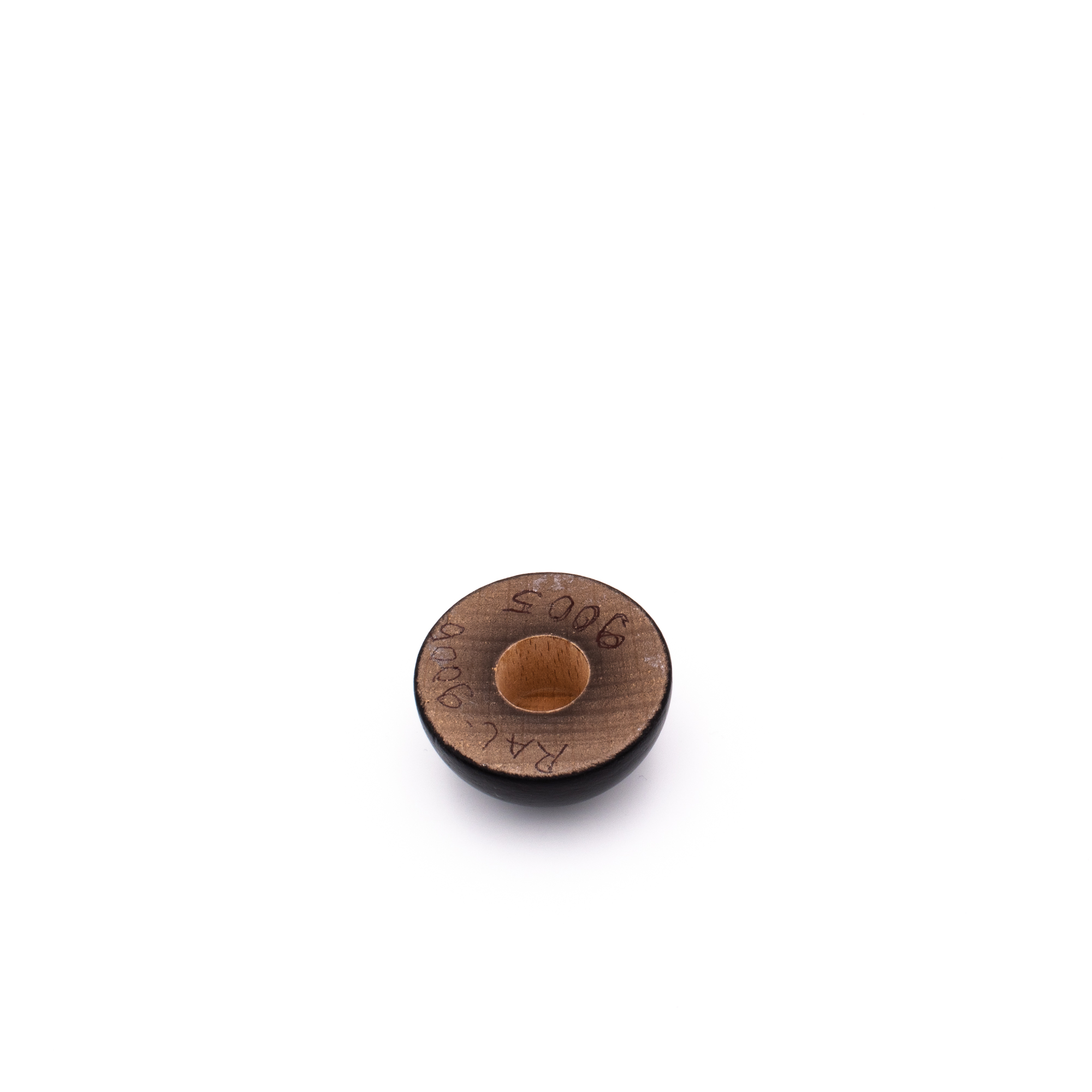Eindkap van beukenhout, zwart gelakt RAL 9005, achterkant met boring voor houten leuning Ø 40 tot 50 mm, vrijstaand