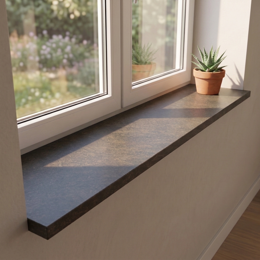 Melamine vensterbank met steenlook leisteen, donker, onder raam met tuinzicht, potplant op de vensterbank
