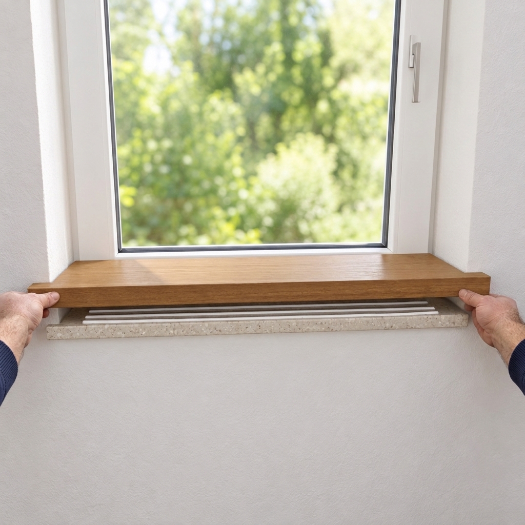 Renovatievensterbank beuken bruin gebeitst wordt met beide handen op de oude stenen vensterbank bij het raam gelegd