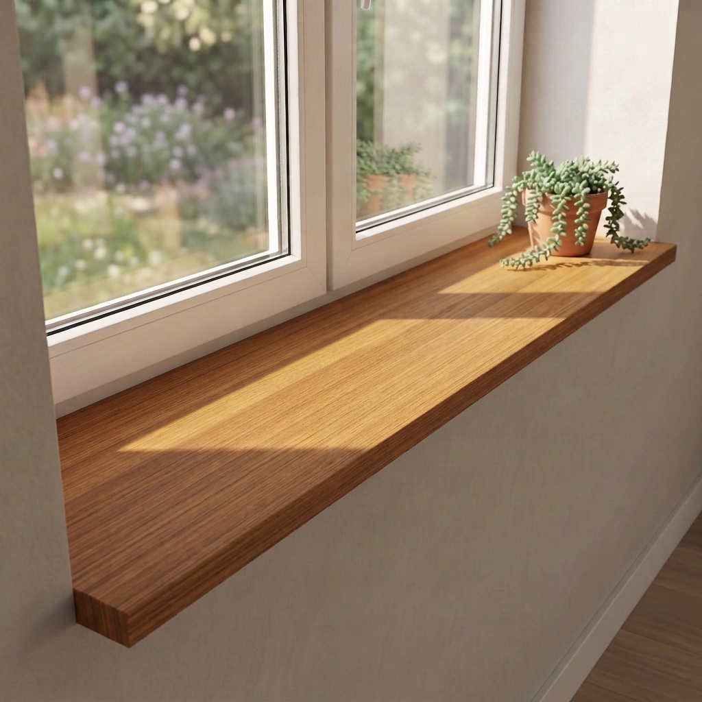 Melamine vensterbank met houtlook eiken onder dubbel raam met tuinzicht en hangplant in terracotta pot